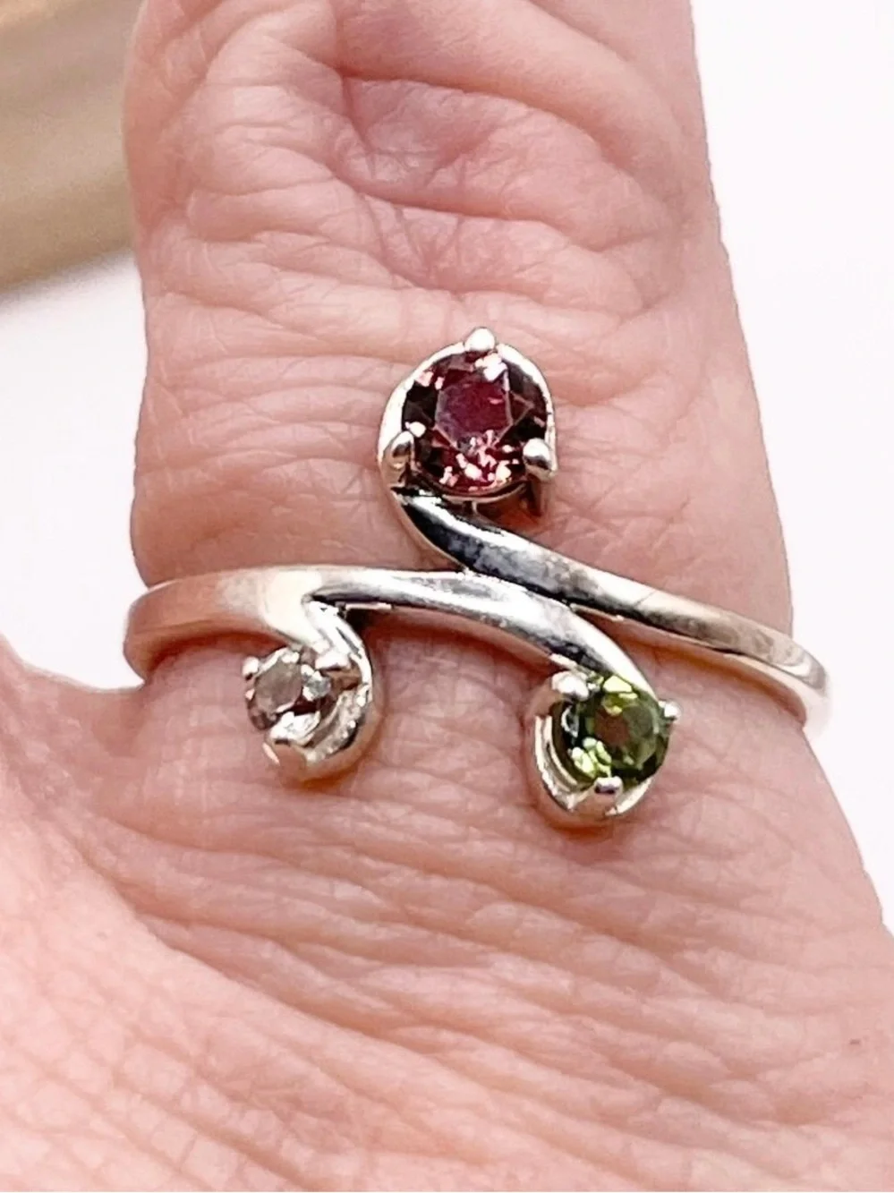 Size 7 Sterling Silver Ring with Pink, Green and White Tourmaline gemstones